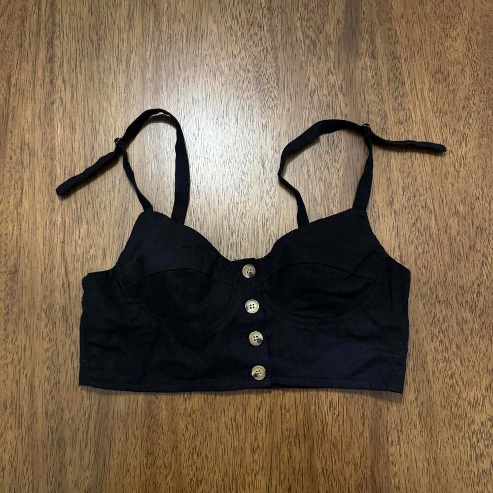 Princess Polly Black Linen Blend Bustier Button Front Crop Top US 6